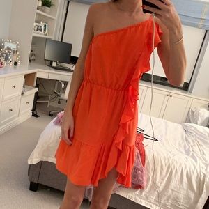 CLUB MONACO CORAL ONE SHOULDER RUFFLED SILK DRESS